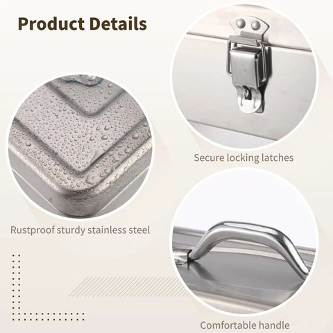 Heavy Duty Stainless Steel Toolbox With Carry Handle, Waterproof And Rustproof Utility Case details showing latches and handle