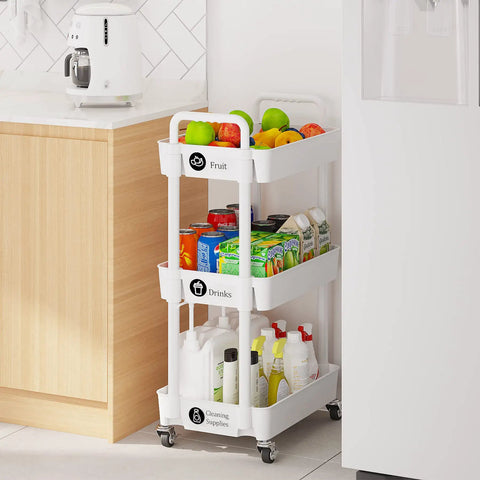 Three Tier Rolling Cart With Wheels For Kitchen Bathroom Laundry Storage, All Purpose Utility Organizer On Wheels, in use