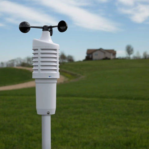 Wireless Wi Fi Digital Weather and Wind Station outside in a field, measuring wind speed and history with dynamic forecast icons.