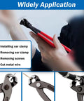 9 Inch Hose Clamp Pliers Crimping Tool in use, showing red rubber grip and black forged steel for installing clamps