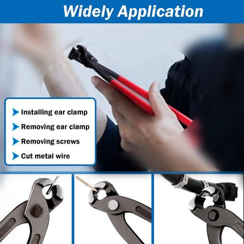 9 Inch Hose Clamp Pliers Crimping Tool in use, showing red rubber grip and black forged steel for installing clamps