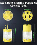 Lighted 20 Amp 125V Extension Cord End Replacement Plug With Green LED Power Indicator NEMA 5-20R Grounded Female Socket 2 Pole 3 Wire Straight Blade Plug UL Listed For Safe Heavy-Duty Electrical Connections, yellow plug set
