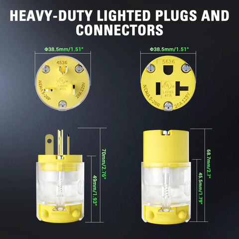 Lighted 20 Amp 125V Extension Cord End Replacement Plug With Green LED Power Indicator NEMA 5-20R Grounded Female Socket 2 Pole 3 Wire Straight Blade Plug UL Listed For Safe Heavy-Duty Electrical Connections, yellow plug set