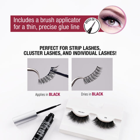 Super Strong Lash Glue For Strip Lashes With Brush-On Applicator, Waterproof 48-Hour Hold, latex-free adhesive in use with lashes
