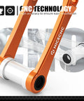 Orange Adjustable Lowering Suspension Link Arm For Front End Stability And Handling CNC Machined Billet Aluminum With Anodized Finish Easy Install Street Ready Drop Kit For Improved Ride And Precision Steering With An Aggressive Look. close-up of orange CNC-machined aluminum motorcycle link arm