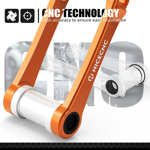 Orange Adjustable Lowering Suspension Link Arm For Front End Stability And Handling CNC Machined Billet Aluminum With Anodized Finish Easy Install Street Ready Drop Kit For Improved Ride And Precision Steering With An Aggressive Look. close-up of orange CNC-machined aluminum motorcycle link arm