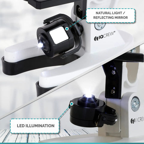Kids Monocular Compound Microscope And Compact Refractor Telescope Starter Science Kit With Complete Accessory Bundle showing LED illumination and reflecting mirror.