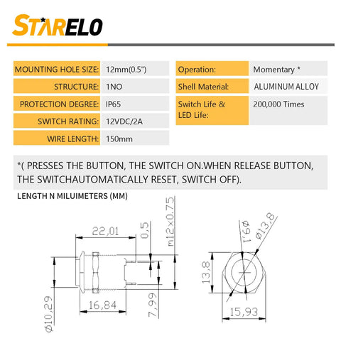 Technical diagram of a 12mm Momentary Push Button Switch with IP65 rating, showing specifications like aluminum alloy and pre-wired details.