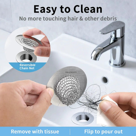 Top Shelf Reversible Bathtub Drain Strainer And Hair Catcher Set Crafted From Heavy Duty 304 Stainless Steel to Stop Tough Clogs in a sink.