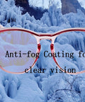 4 Pack Safety Glasses Anti Fog Clear Goggles With Side Shields front view with ice background showing anti-fog coating