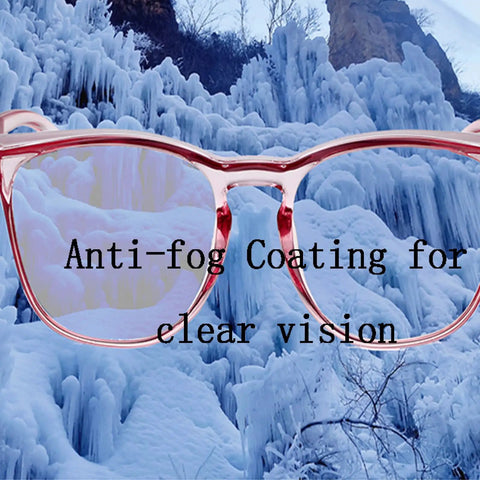 4 Pack Safety Glasses Anti Fog Clear Goggles With Side Shields front view with ice background showing anti-fog coating