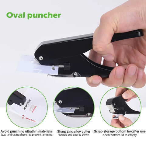 Hand holding heavy duty slot punch handheld hole puncher all metal ID card puncher slotting tool against white background