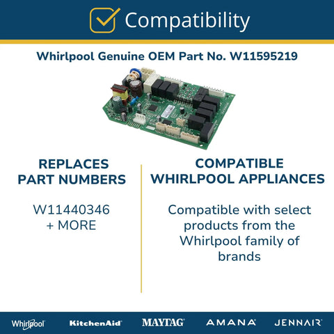 Genuine OEM Refrigerator Electronic Control Board W11595219 multicolor replacement, plug and play for Whirlpool appliances.