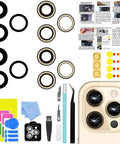 2 Pack iPhone 14 Pro And 14 Pro Max Camera Lens Replacement Glass With Pre Installed Adhesive And Repair Tools OEM Quality Easy Install Durable Lens Set shown with repair tools and instructions.