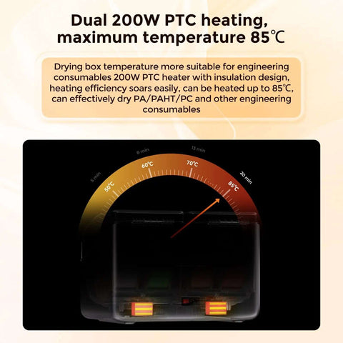 Space Pi X4 Filament Dryer Box temperature gauge showing dual 200W PTC heating up to 85C for filament drying efficiency.