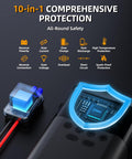 Beefy 6000A Jump Starter With Air Compressor For Cars And 14L Diesel Engines, showing safety features and protection icons.