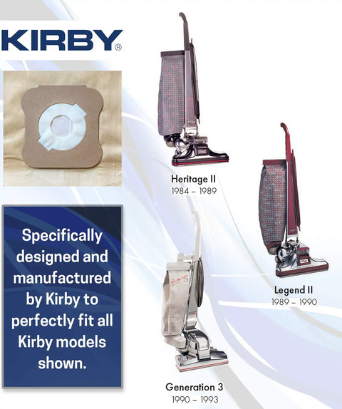 Diagram showing Gen 3 Vacuum Bags 197289 Genuine OEM with fits for Kirby Heritage II, Legend II, and Avalir models