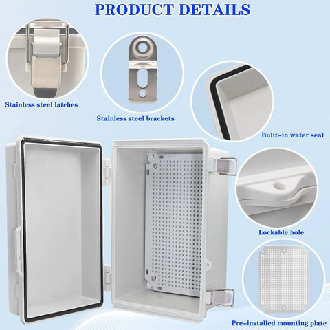 108Piece Outdoor Weatherproof Electrical Junction Box Enclosure IP67 ABS Plastic With Mounting Plate And Wall Brackets For Switches Routers And Other Projects Workhorse Gray 11.8 Inch By 7.87 Inch By 5 Inch, open lid