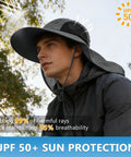 All Day Outdoor Sun Hat With Neck Flap UPF 50 Plus UV Protection For Men And Women shown in dark gray, worn outdoors