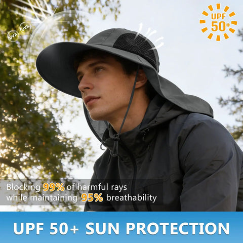 All Day Outdoor Sun Hat With Neck Flap UPF 50 Plus UV Protection For Men And Women shown in dark gray, worn outdoors