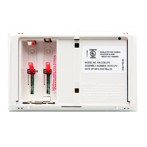 Back view of Battery Powered Carbon Monoxide Detector With LED Status, Test Reset Button, Low Battery Indicator.