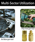 Beefy 1/4 Inch NPT Brass Quick Connect Fittings Set for Air Compressors and Pneumatic Tools shown with air blow gun and rivet gun