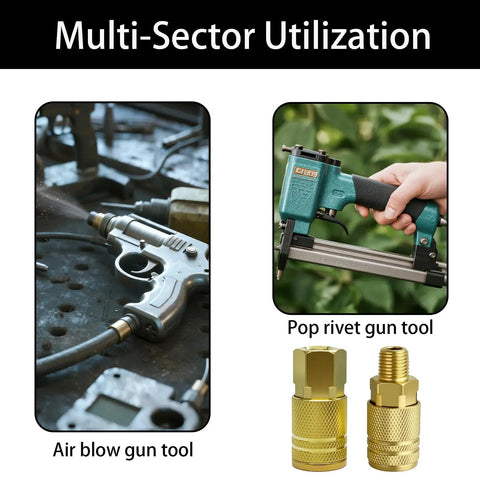 Beefy 1/4 Inch NPT Brass Quick Connect Fittings Set for Air Compressors and Pneumatic Tools shown with air blow gun and rivet gun