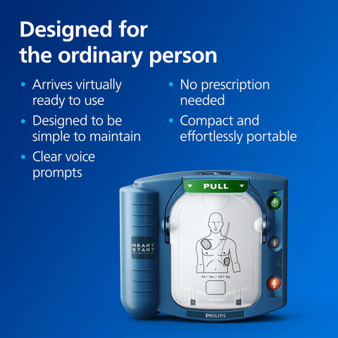 HeartStart Philips OnSite AED defibrillator in blue with slim carry case, front view.