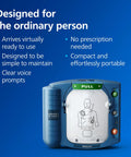 Philips HeartStart OnSite AED defibrillator in blue carry case; front view with green PULL label.