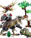 725 Piece Mechanical Dinosaur Attack Set With Tyrannosaurus Rex, Pterosaur And Off Road Vehicle In A Dino Park World Build Kit For Ages 6 To 14 And A Great Birthday Gift For Boys And Girls. Mechanical T-Rex, pterosaur, tree and jeep shown.