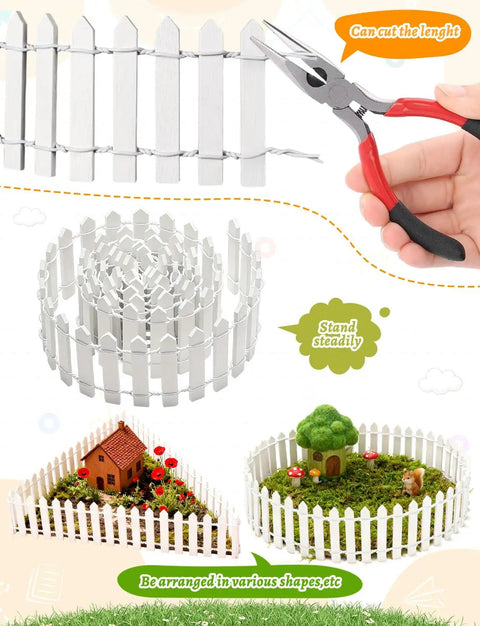 Three Piece 35 Inch White Mini Christmas Garden Fence for Fairy Gardens and Dollhouses Wood Picket Ornament Fence shown in various installations.