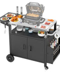 Outdoor Grill Cart With Cabinet And Locking Wheels, Extra Wide Stainless Steel Prep Table, Large Spice Rack, Weatherproof Kitchen Island For BBQ, Cooking And Prep Station