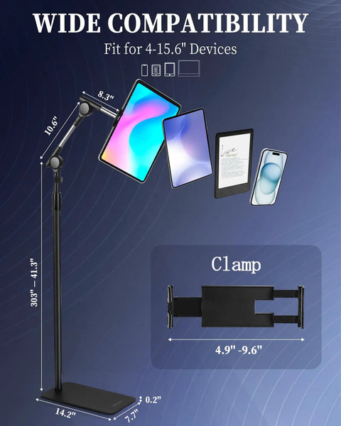 Versatile Height Adjustable Tablet Floor Stand With Dual Self Locking Gears And Straight Up Rock Solid Base Zero Shake Sixty Three Inch Reach For Tablets Phones Monitors in black, supporting various device sizes.
