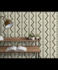 Killer Stripe Pattern Textured Leather Vinyl Wallpaper Rock Solid Commercial Grade Wallcovering For Offices Hotels And Restaurants Paste Required Pro Install on a feature wall with shelf and decor.
