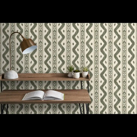 Killer Stripe Pattern Textured Leather Vinyl Wallpaper Rock Solid Commercial Grade Wallcovering For Offices Hotels And Restaurants Paste Required Pro Install on a feature wall with shelf and decor.