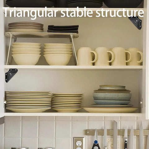 Beefed Up Heavy Duty Gusset Joints 4 Pack for tables, chairs, cabinets, beds; trapezoid corner braces installed on kitchen shelves