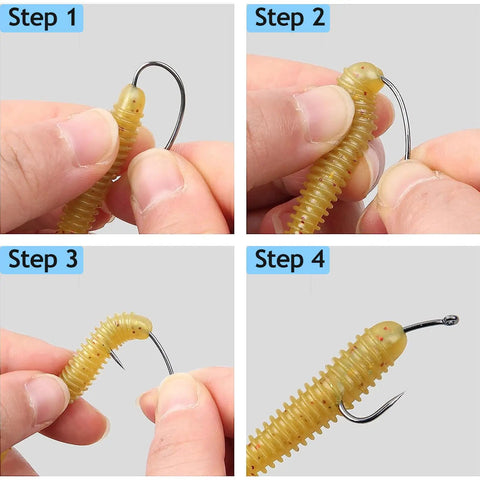 Four steps to rigging bait using Fishing Hooks Kit 200 Pcs Barbless Circle And Curve Shank Carp Hooks for live bait hair rig tackle.
