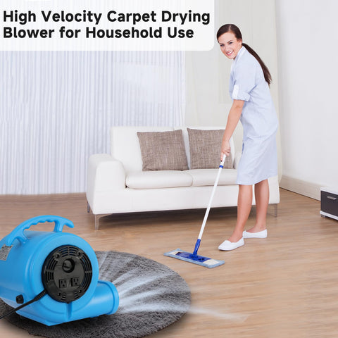 Half HP Carpet Dryer Fan With 2600 CFM Air Blower For Fast Home Drying, ETL Listed, near sofa in living room, with a cleaning person