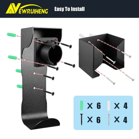 Wall Mount EV Charger Holder With SAE J1772 Nozzle Holster And Cable Organizer Plus Control Box Dock showing black aluminum installation details.