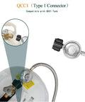 5 Foot Propane Regulator And Hose With 90 Degree Elbow Adapter for Blackstone Griddles showing QCC1 connector detail