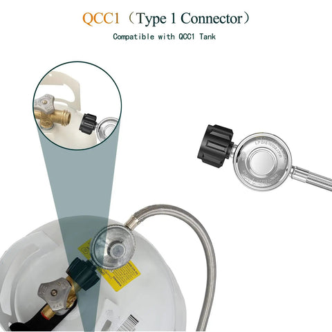 5 Foot Propane Regulator And Hose With 90 Degree Elbow Adapter for Blackstone Griddles showing QCC1 connector detail