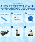 Image displaying pool accessories including PVC hose coupling, pool hooks, backwash hose, pool pumps, cartridge filter, and sand filter.