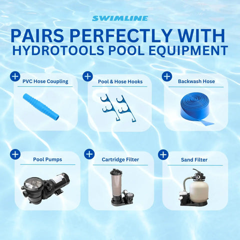 Image displaying pool accessories including PVC hose coupling, pool hooks, backwash hose, pool pumps, cartridge filter, and sand filter.