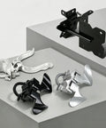 Wmebee Chain Link Fence Butterfly Gate Latch, Black Powder Coated, showroom display with silver, black, and adjustable parts.
