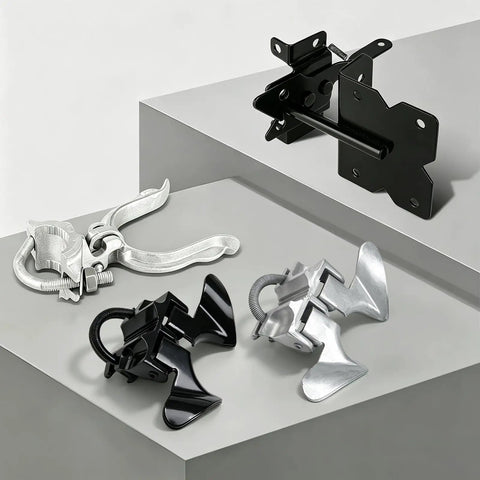 Wmebee Chain Link Fence Butterfly Gate Latch, Black Powder Coated, showroom display with silver, black, and adjustable parts.