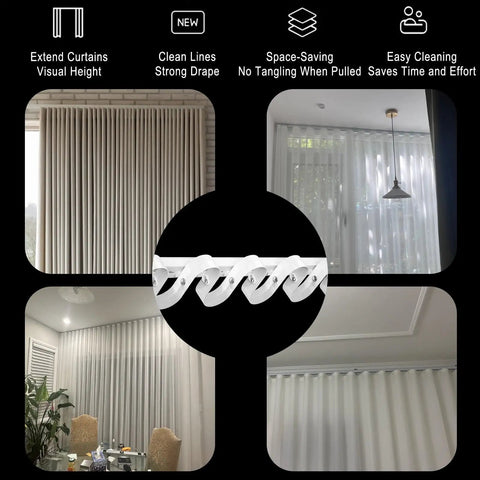 Heavy Duty Ripplefold Snap Track With Tape Set for Silent, Smooth Curtain Runs, Aluminum Rail, Fits 3.3ft to 19.7ft Lengths, Blackout Curtains Compatible, Ideal for Office or Home, White Finish, Durable Rail System installed with ripplefold curtains in room