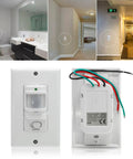 110V Motion Sensor Light Switch With 180 Degree Occupancy Detection Wide Angle Wall Mounted Sensor And Light Sensor Easy Install Single Pole Neutral Wire Required White Finish shown with installation examples in bathroom and hallway