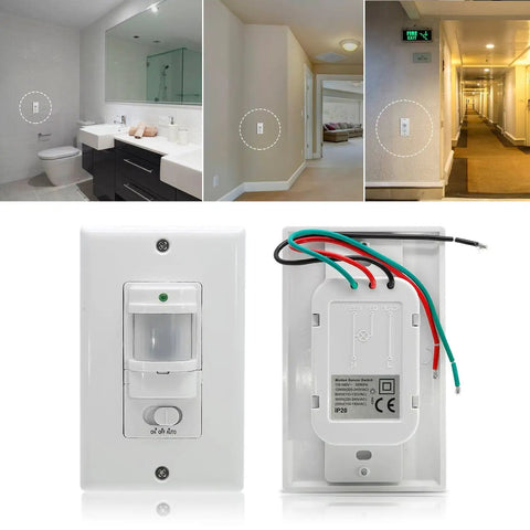 110V Motion Sensor Light Switch With 180 Degree Occupancy Detection Wide Angle Wall Mounted Sensor And Light Sensor Easy Install Single Pole Neutral Wire Required White Finish shown with installation examples in bathroom and hallway