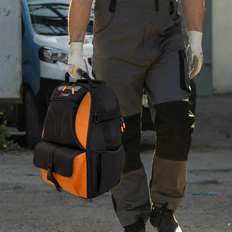 Person carrying Rolling Tool Backpack With Wheels, Heavy Duty 37 Pocket Organizer For Electricians, Contractors, HVAC Pros, And DIYers.