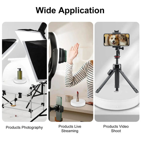 Top Notch 10 Inch Electric Photography Turntable With Super Quiet Motor And Bright LED Spotlight remote for live streaming and photography.
